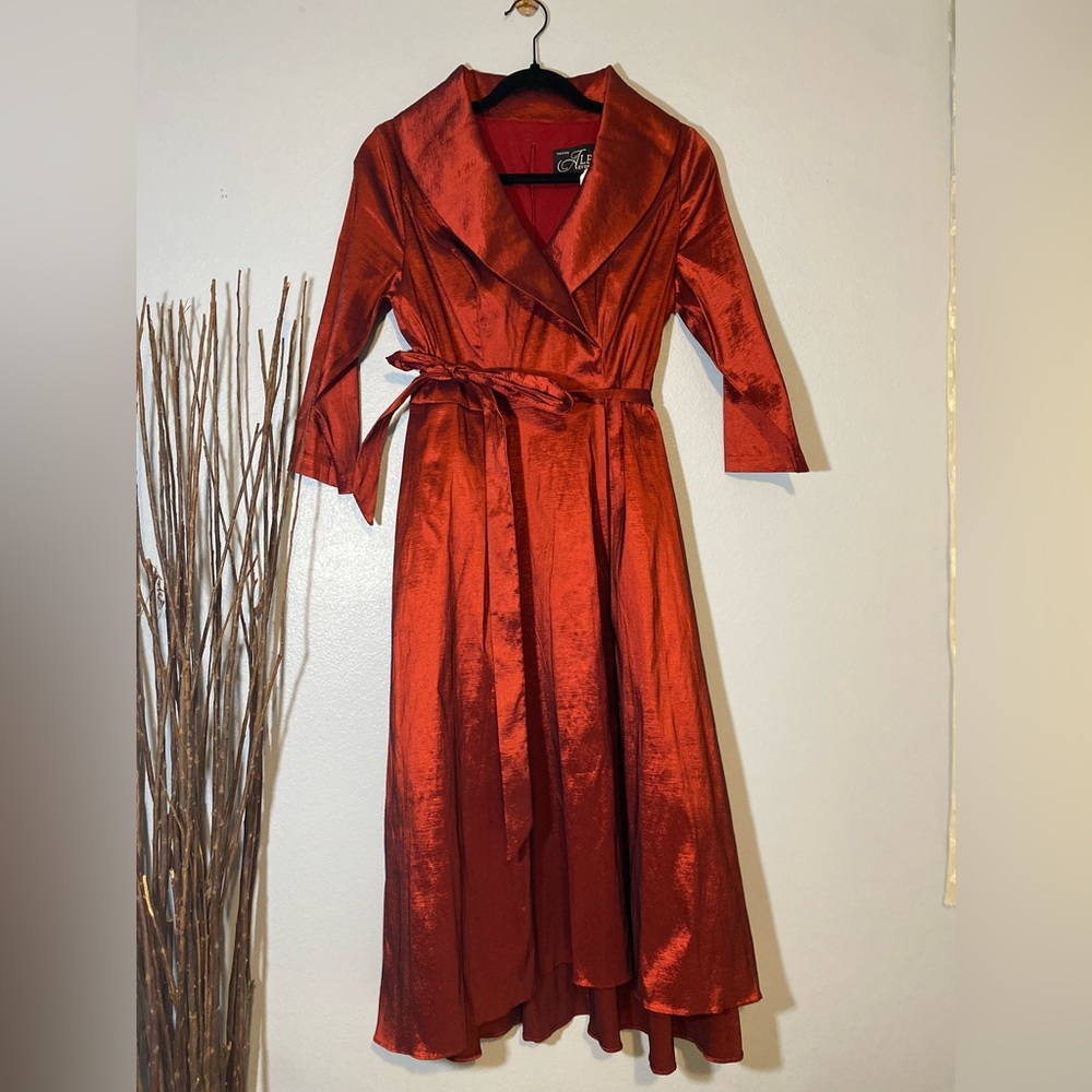 Alex Evenings Metallic Portrait Collar Long Sleeve Dress in Rich Burgundy